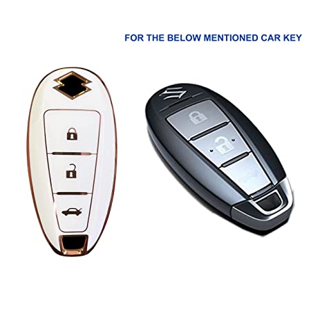 Piano Finish Golden Borders TPU Key Cover Compatible with Swift | Ertiga | Wagonr | Celerio | Swift Dzire | Alto | Eeco | Breza | S Presso | Ignis Remote Key (3 Button)