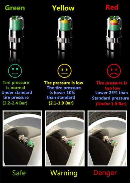 CarOxygen Car Tire Valve Stem Caps Pressure Monitor Sensor Indicator 3 Color Eye Alert 4Pcs
