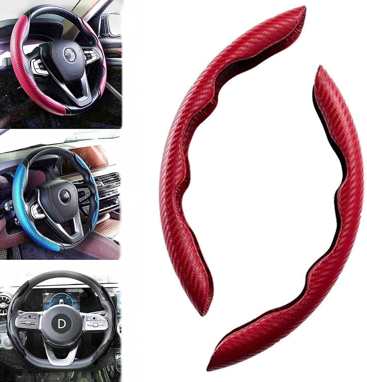 2PC 15inch Car Anti-skid Steering Wheel Cover Red Carbon Fiber Steering Cover