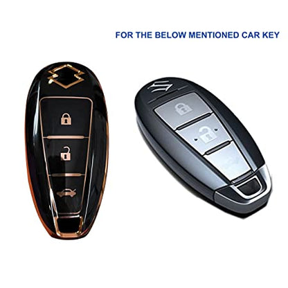 Piano Finish Golden Borders TPU Key Cover Compatible with Swift | Ertiga | Wagonr | Celerio | Swift Dzire | Alto | Eeco | Breza | S Presso | Ignis Remote Key (3 Button)