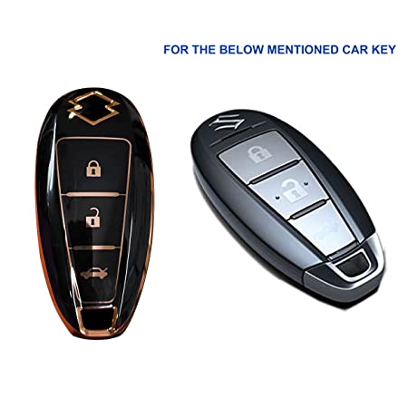 Piano Finish Golden Borders TPU Key Cover Compatible with Swift | Ertiga | Wagonr | Celerio | Swift Dzire | Alto | Eeco | Breza | S Presso | Ignis Remote Key (3 Button)