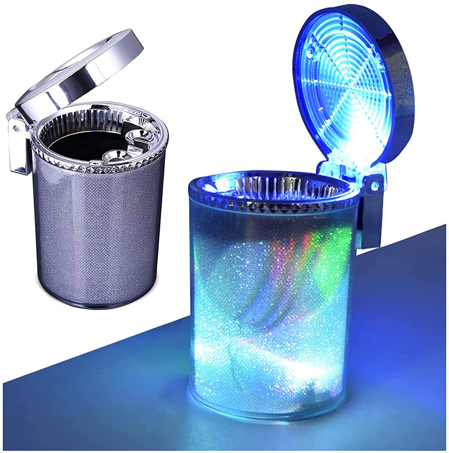 CarOxygen - Ashtray Portable Ashtray with Colorful LED Light Smokeless Ashtray with Lid Smell Proof, Suitable for Car, Outdoor Travel, Home Use, Office