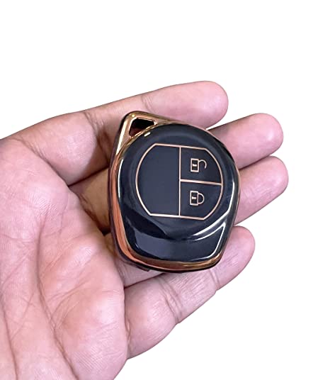 Piano Finish Golden Borders TPU Key Cover Compatible with Swift | Ertiga | Wagonr | Celerio | Swift Dzire | Alto | Eeco | Breza | S Presso | Ignis Remote Key - (2 Button)