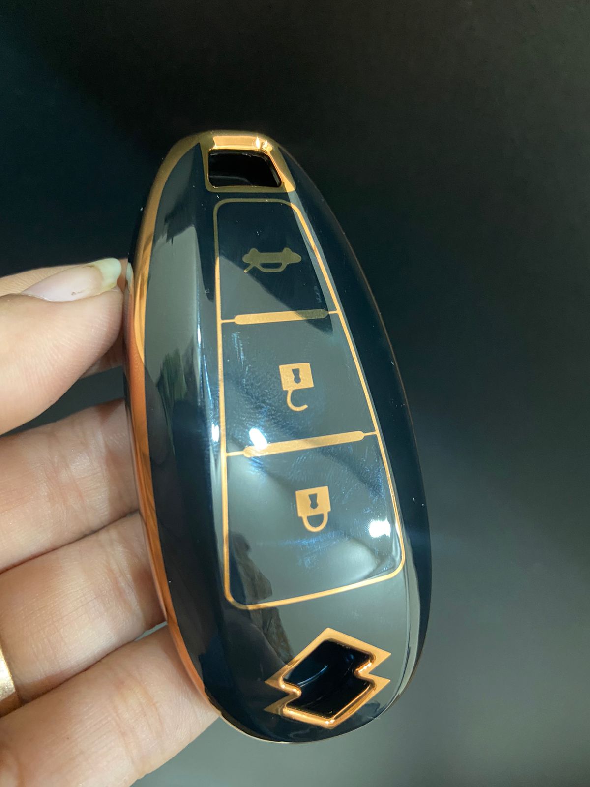 Piano Finish Golden Borders TPU Key Cover Compatible with Swift | Ertiga | Wagonr | Celerio | Swift Dzire | Alto | Eeco | Breza | S Presso | Ignis Remote Key (3 Button)