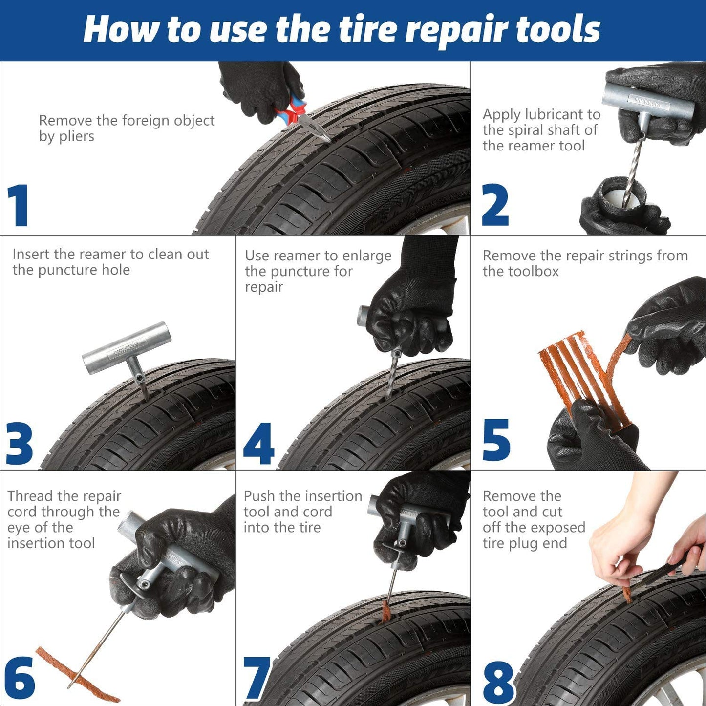 Complete Tubeless Tyre Puncture Repair Kit (Nose Pliers + Cutter + Rubber Cement + Extra Strips)