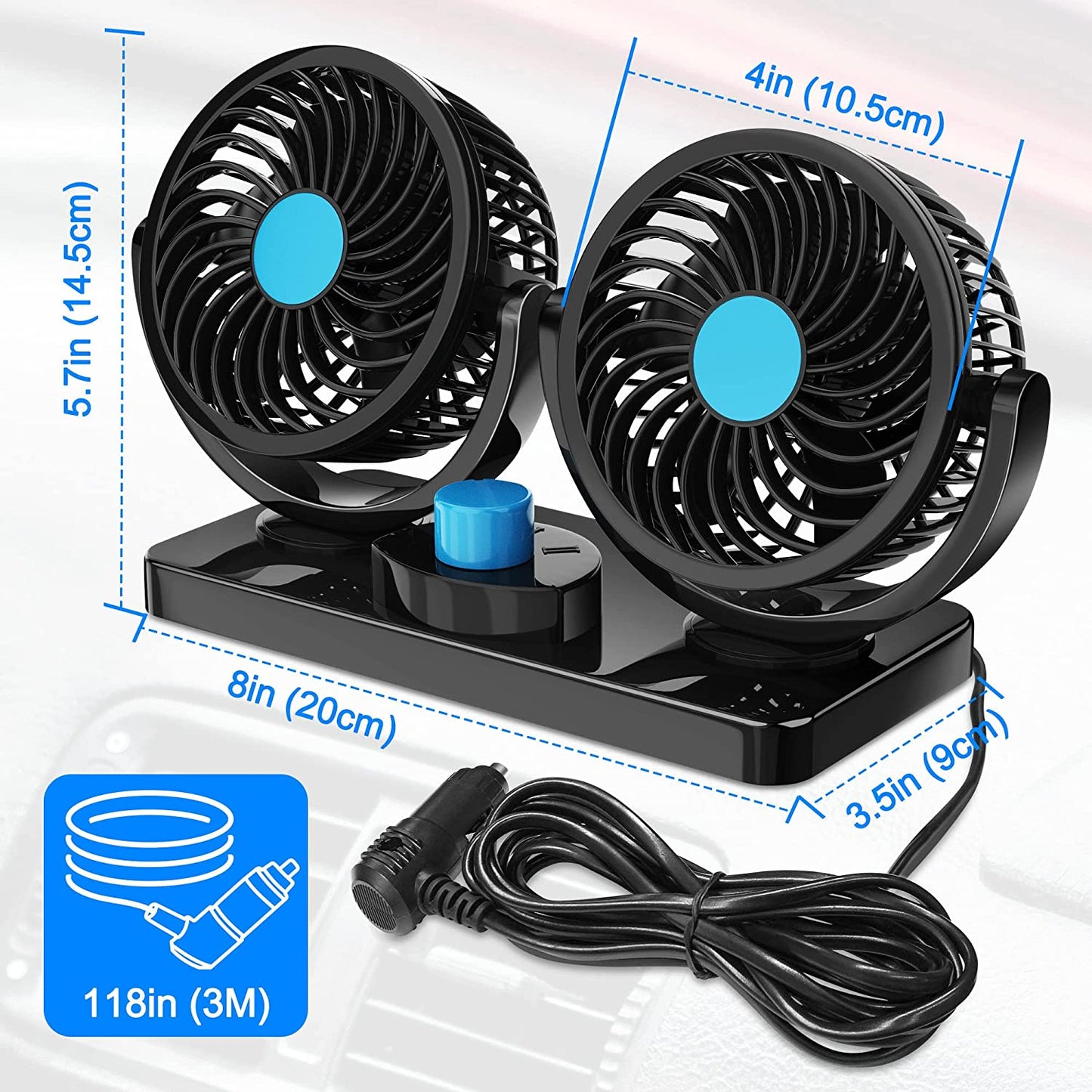 Car Fan, Air Conditioning Fan, Vertical and Horizontal Adjustable Fan, 12V