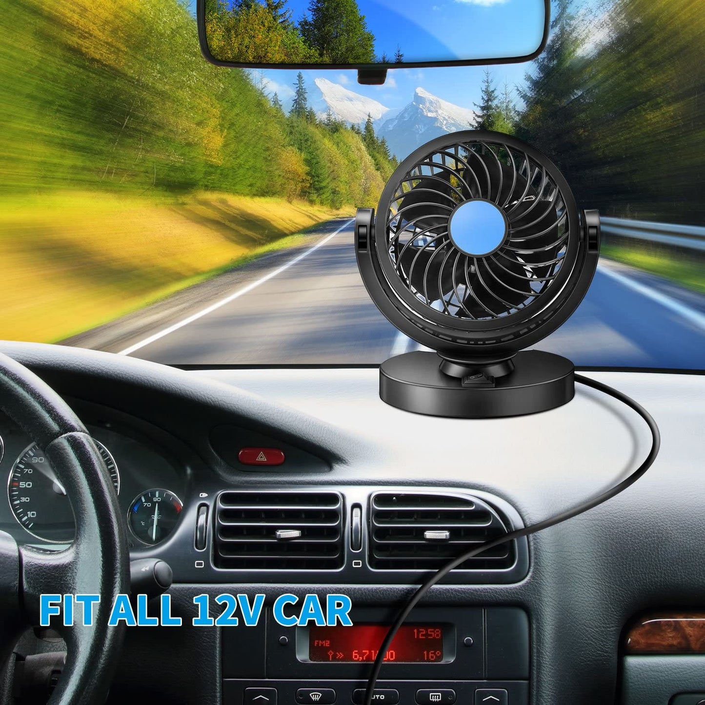 Car Fan, Air Conditioning Fan, Vertical and Horizontal Adjustable Fan, 12V