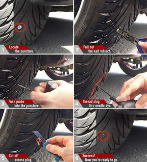 Complete Tubeless Tyre Puncture Repair Kit (Nose Pliers + Cutter + Rubber Cement + Extra Strips)