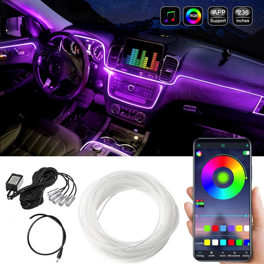 Car Oxygen - Car LED Interior Strip Light, 16 Million Colors 5 in 1 with 6 Meters Fiber Optic, Multicolor RGB Sound Active Automobile Atmosphere Ambient Lighting Kit - Wireless Bluetooth APP Control