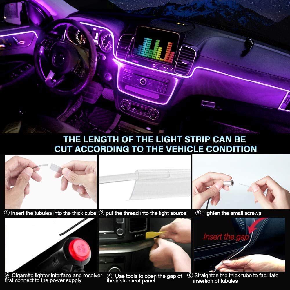 Car Oxygen - Car LED Interior Strip Light, 16 Million Colors 5 in 1 with 6 Meters Fiber Optic, Multicolor RGB Sound Active Automobile Atmosphere Ambient Lighting Kit - Wireless Bluetooth APP Control