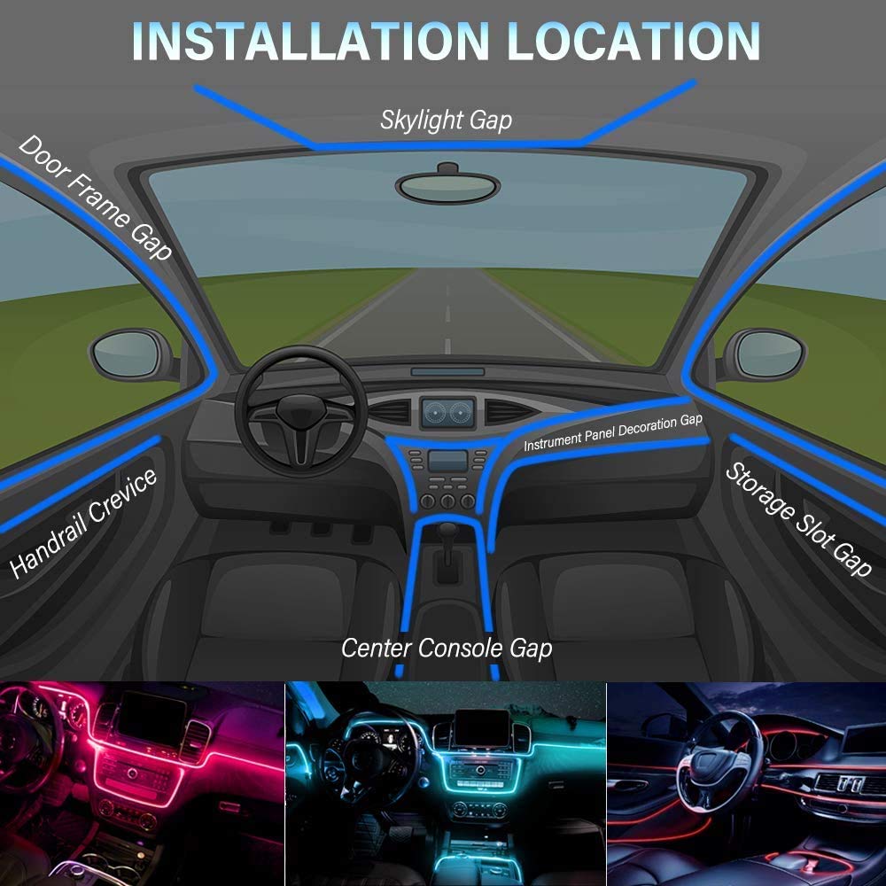 Car Oxygen - Car LED Interior Strip Light, 16 Million Colors 5 in 1 with 6 Meters Fiber Optic, Multicolor RGB Sound Active Automobile Atmosphere Ambient Lighting Kit - Wireless Bluetooth APP Control