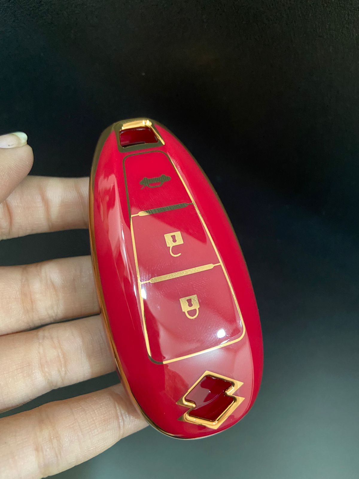 Piano Finish Golden Borders TPU Key Cover Compatible with Swift | Ertiga | Wagonr | Celerio | Swift Dzire | Alto | Eeco | Breza | S Presso | Ignis Remote Key (3 Button)