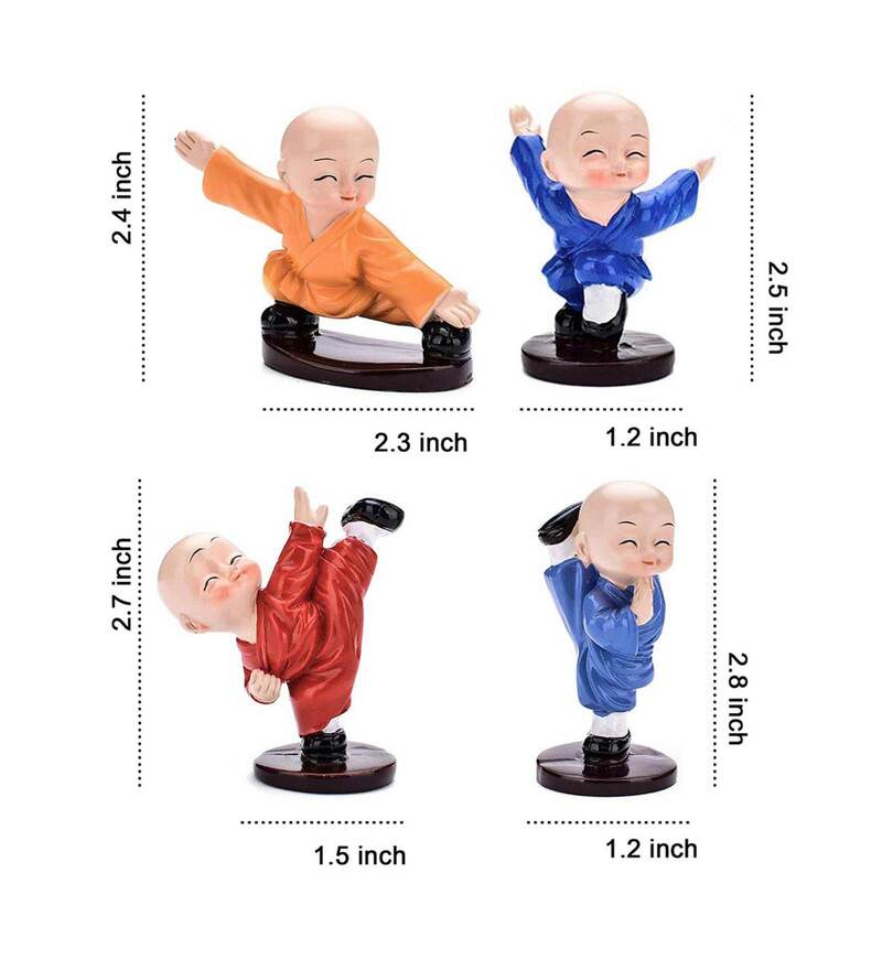 Car Dashboard Buddha ,Multicolour Polyresin 2.8 Inches Monk Idol Set Of 4