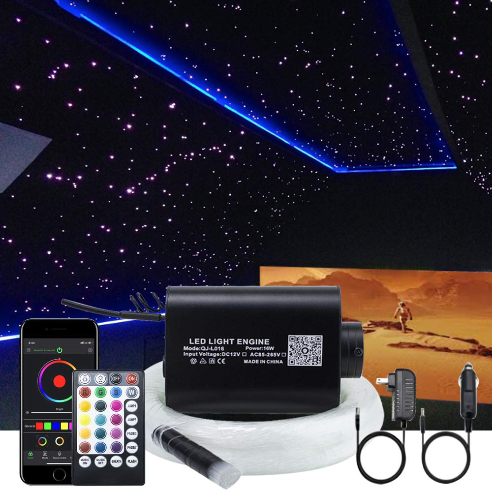 16W Fiber Optic Star Ceiling Light Kit RGBW APP+Music Control Sound Sensor Light Source with 28key RF Musical Remote and Fiber Cable 300pcs 0.75mm 9.8ft/3m for Car and Home