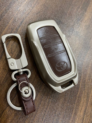 Car Remote Key Cover Zinc Alloy, Chrome and Leather for Toyota New Fortuner in Brown Color