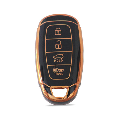 TPU Leather Car Key Cover Compatible with Hyundai Verna -2020 Smart Key (Black_14)