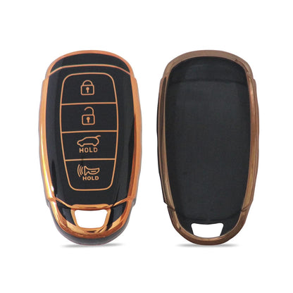 TPU Leather Car Key Cover Compatible with Hyundai Verna -2020 Smart Key (Black_14)