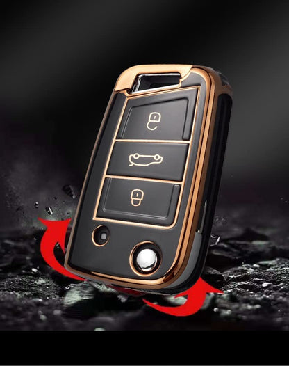 Gold Border TPU Key Cover Compatible with Skoda Slavia Kushaq Taigun Tiguan Virtus Octavia Kodiaq Superb T ROC Folding Key (Black)