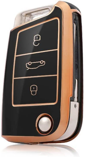 Gold Border TPU Key Cover Compatible with Skoda Slavia Kushaq Taigun Tiguan Virtus Octavia Kodiaq Superb T ROC Folding Key (Black)