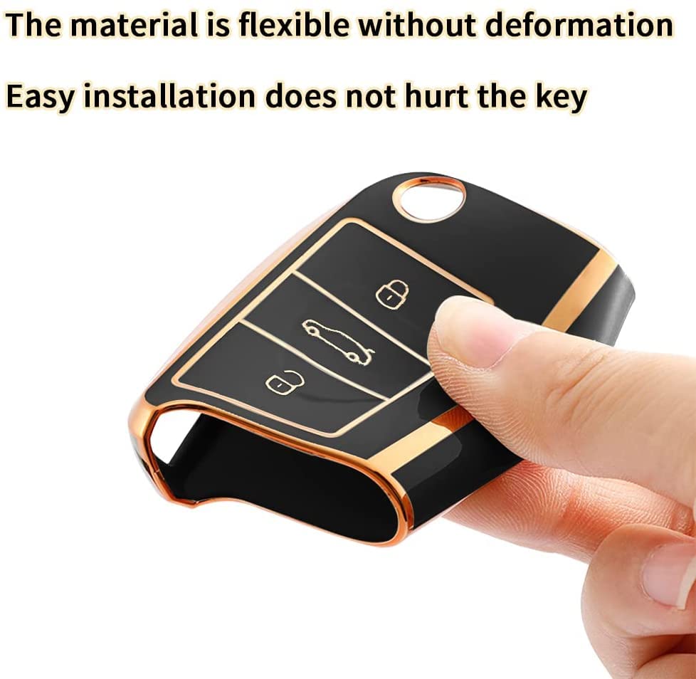 Gold Border TPU Key Cover Compatible with Skoda Slavia Kushaq Taigun Tiguan Virtus Octavia Kodiaq Superb T ROC Folding Key (Black)