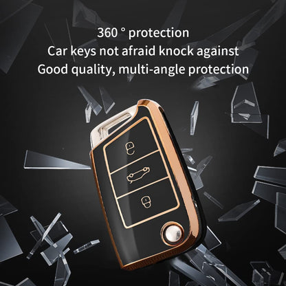 Gold Border TPU Key Cover Compatible with Skoda Slavia Kushaq Taigun Tiguan Virtus Octavia Kodiaq Superb T ROC Folding Key (Black)