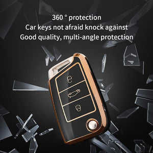 Gold Border TPU Key Cover Compatible with Skoda Slavia Kushaq Taigun Tiguan Virtus Octavia Kodiaq Superb T ROC Folding Key (Black)